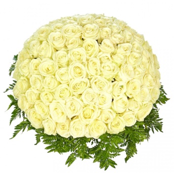 Корзина из 101 белой розы с зеленью