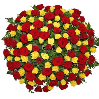 Корзина из 101 красной и желтой розы с зеленью
