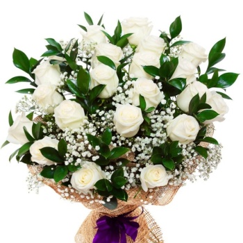 Букет из 21 белой розы с гипсофилой