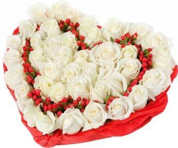 Композиция "Сердце" из 41 белой розы и гиперикума